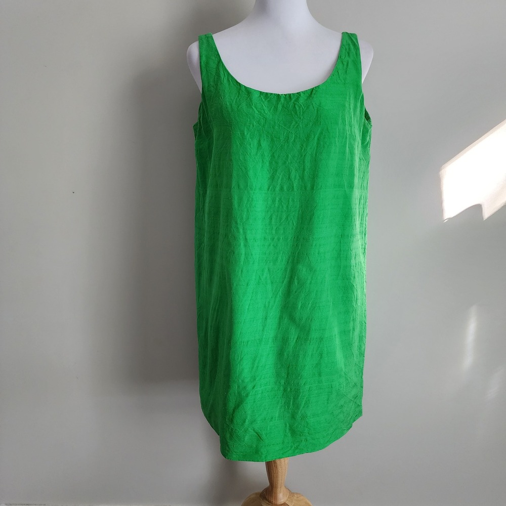 Vintage 100% Silk Shift Dress Womens 18 Green Sleeveless Mini Cocktail Party 60s